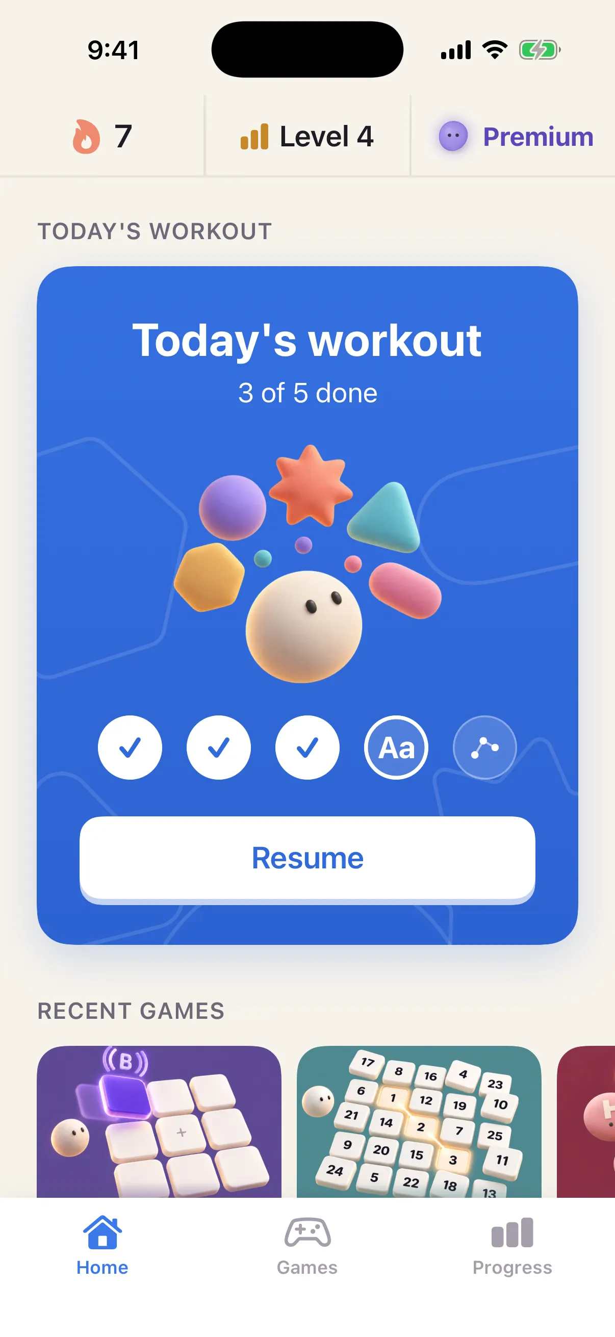 The Neurolings Home screen: Today’s workout, 3 of 5 done, with a Resume button.