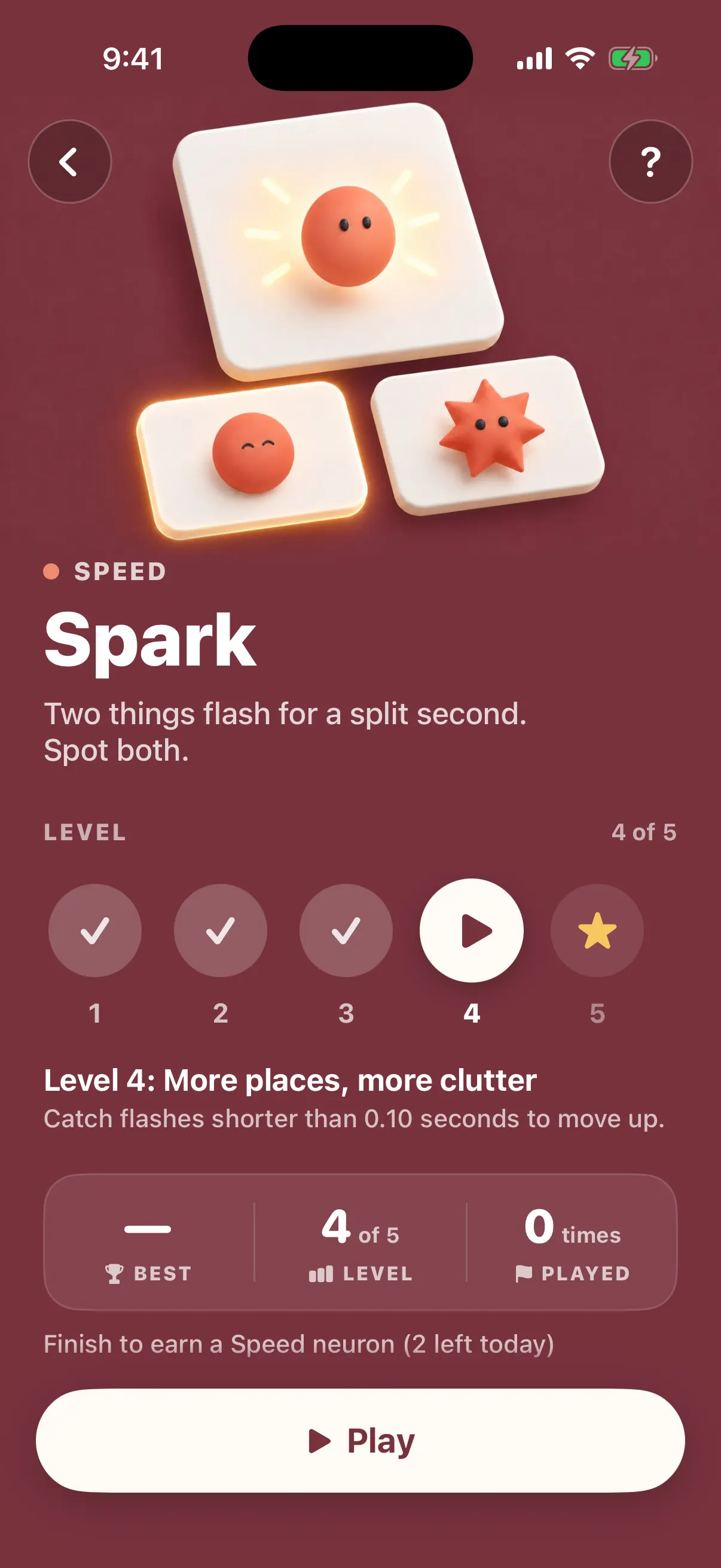 The Spark game screen: two things flash for a split second, spot both. Level 4 of 5, with a Play button.